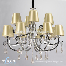 Polished Chrome Rococo Iron & Crystal Chandelier with Fabric Lampshade